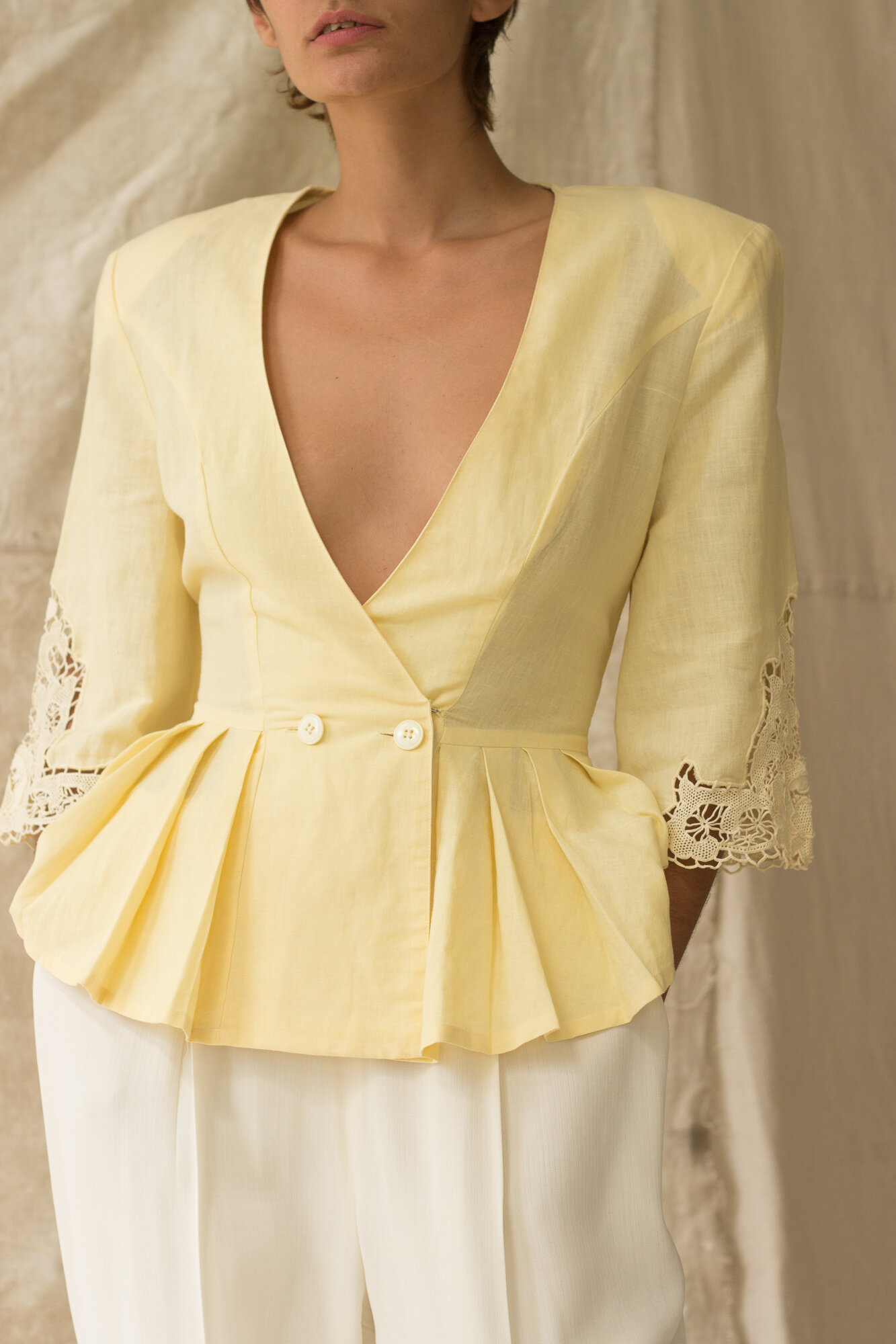 1980s Nancy Johnson Butter Yellow Lace Trimmed Peplum Top 1980s Nancy Johnson Butter Yellow Lace Trimmed Peplum Top